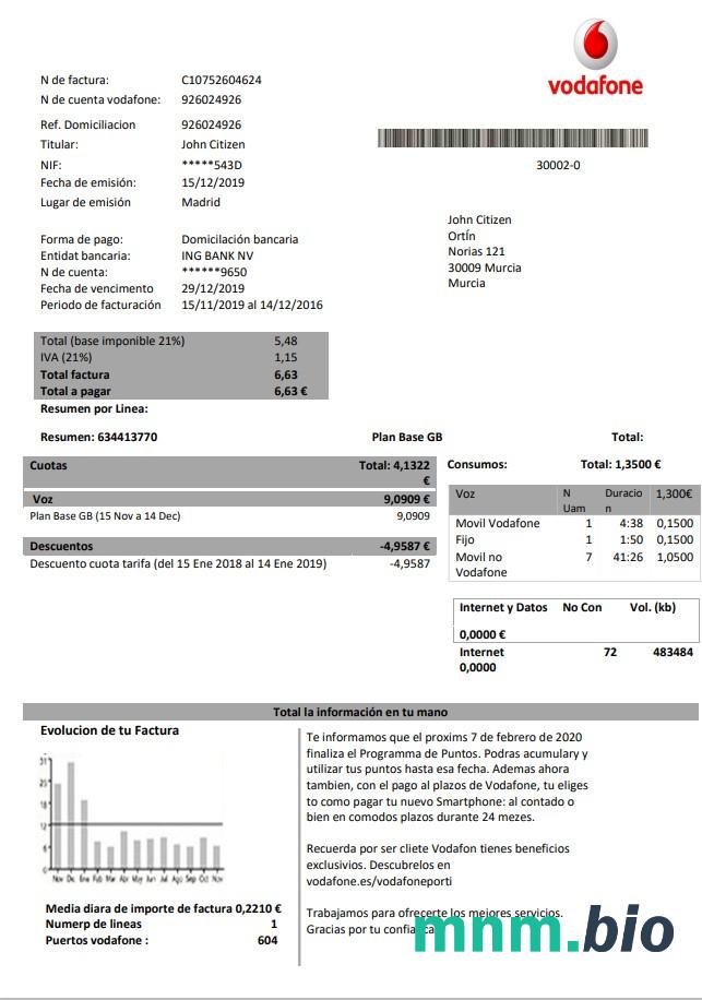 Hiszpania Vodafone Telekomunikacja rachunek za media szablon w formacie Word i PDF